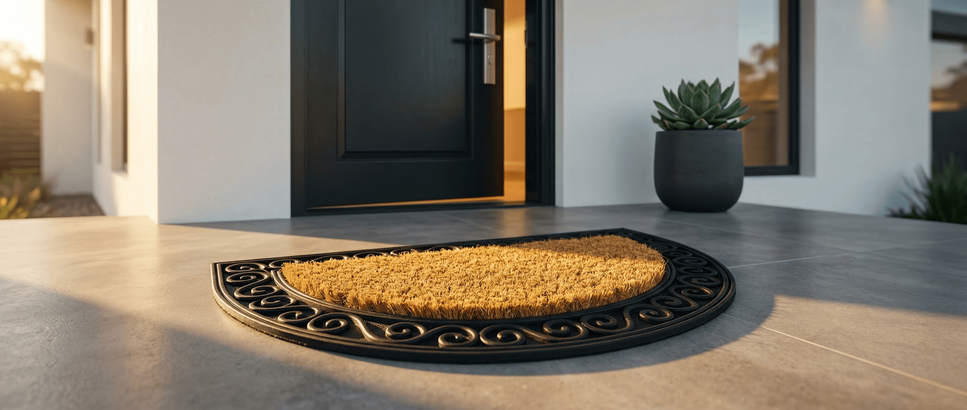 Natural coir doormat at modern home entrance