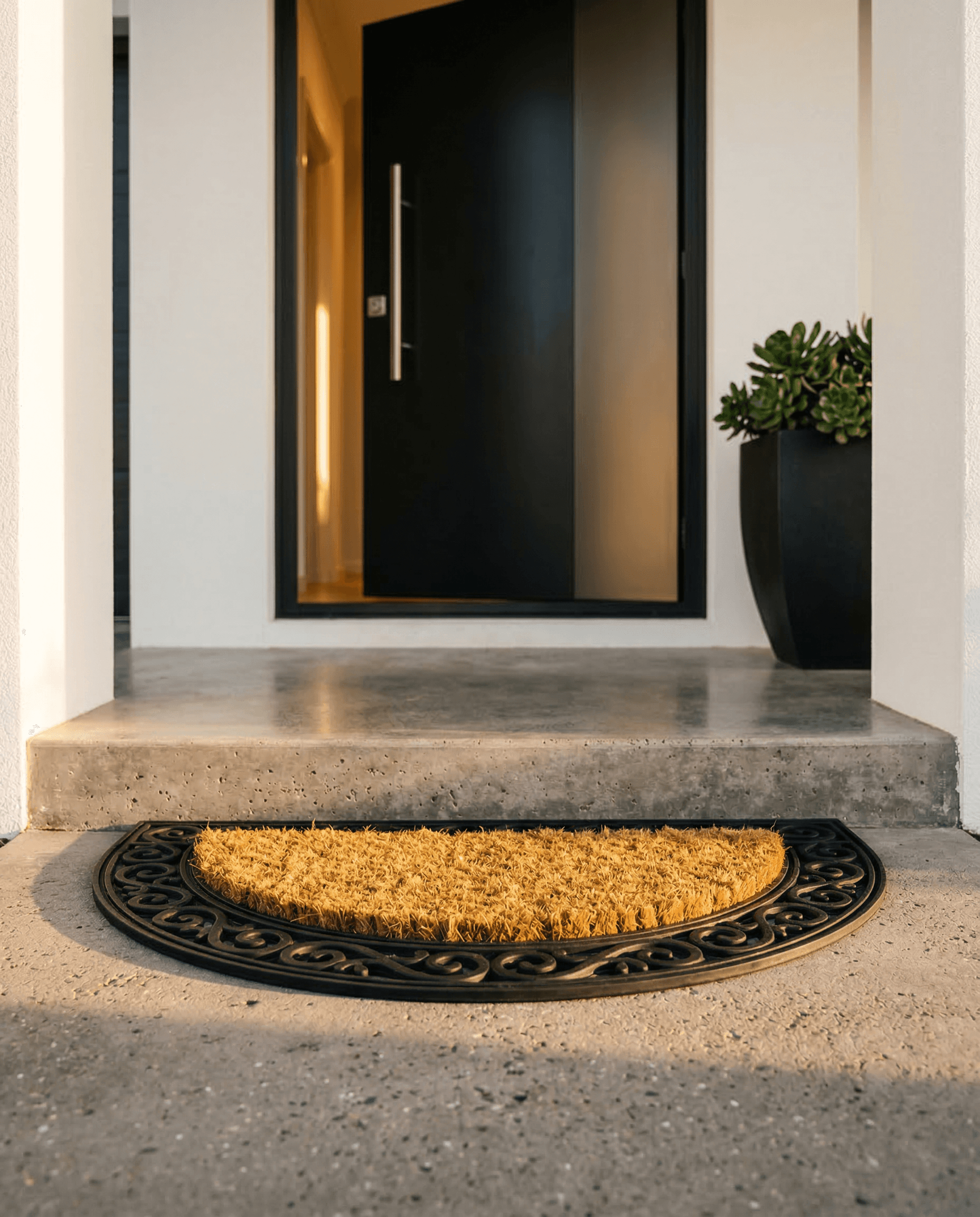 Natural coir doormat at modern home entrance