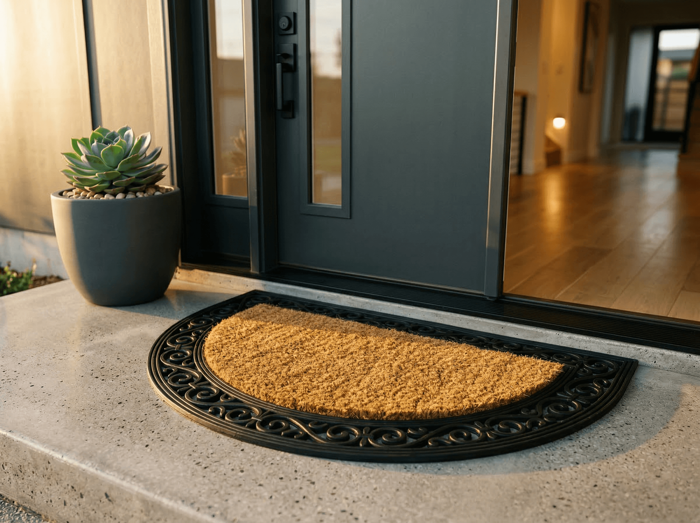 Natural coir doormat at modern home entrance