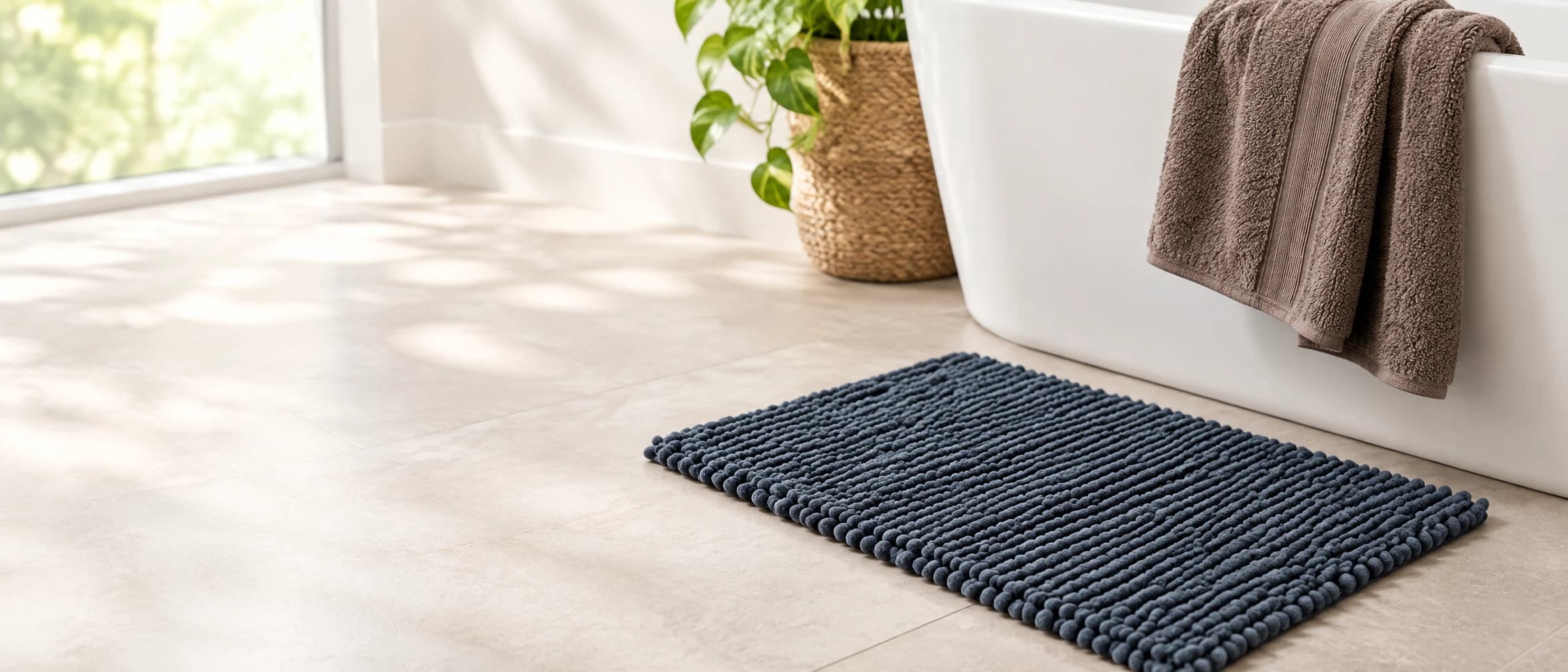 Brown towel over a white bathtub and a charcoal pompom bath mat on a tiled bathroom floor
