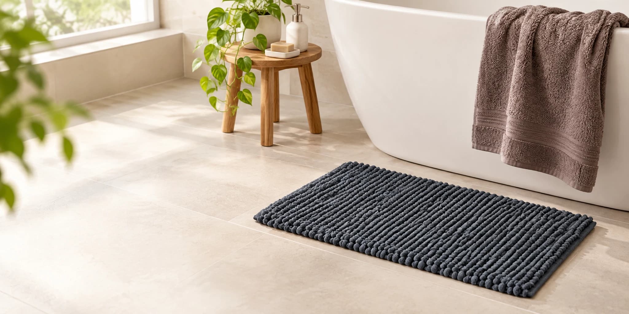 Brown towel over a white bathtub and a charcoal pompom bath mat on a tiled bathroom floor